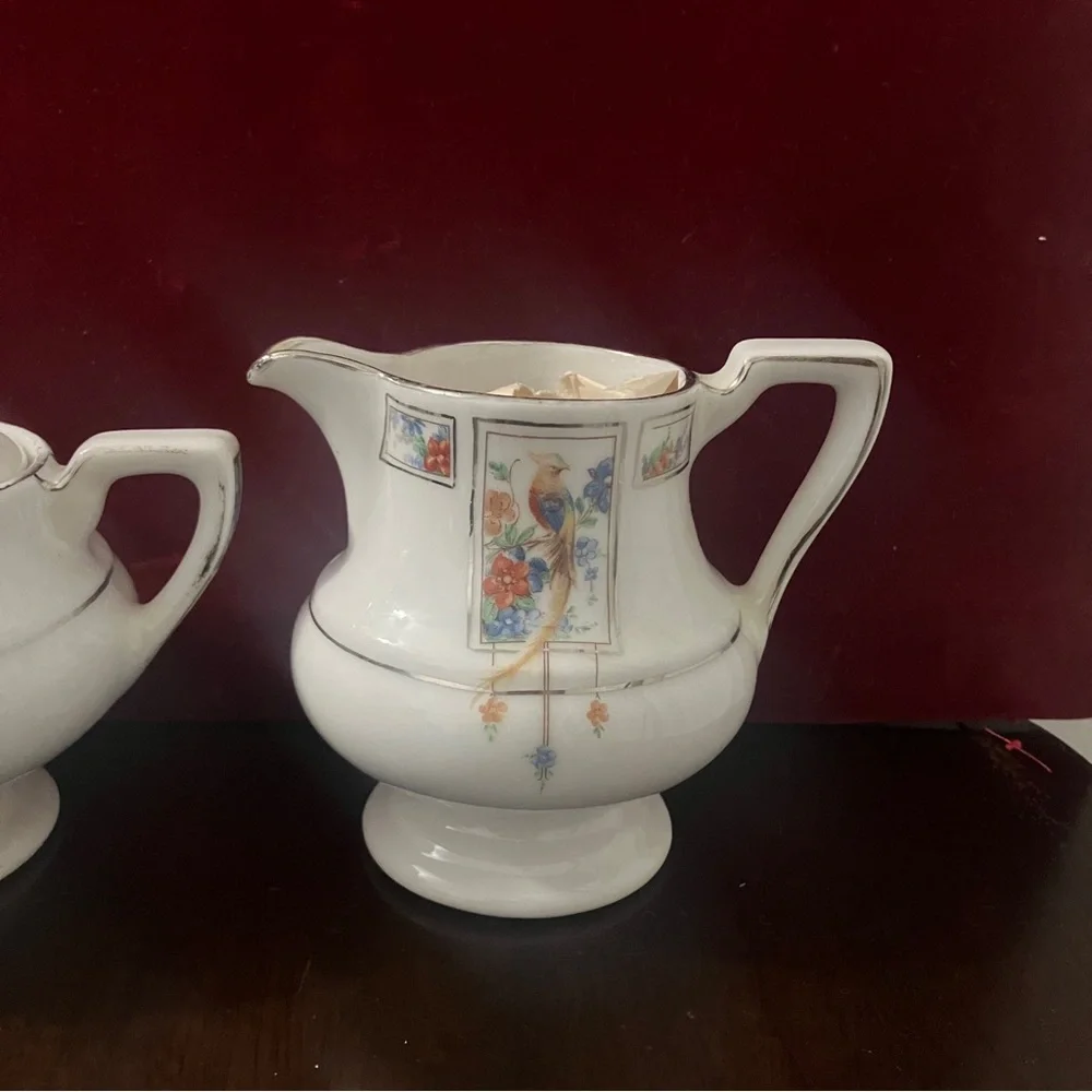 Vtg 1930s Fraunfelter Art Deco Royal Rochester Golden Pheasant Creamer & Sugar